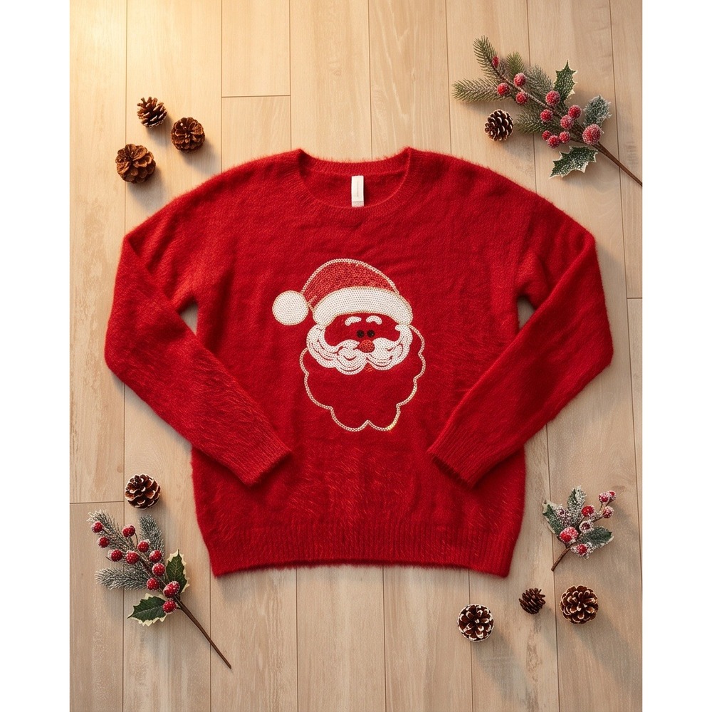 No Boundaries‎ Jr. M Red Santa Claus Sequin Fuzzy Knit Christmas Sweater